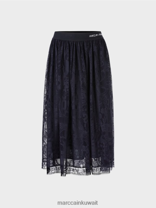 Marc Cain تنورة واسعة من الدانتيل التول LVN0D6456 ملابس منتصف الليل الأزرق