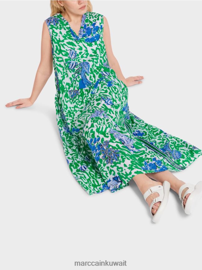 Marc Cain فستان مطبوع مع انتفاضات LVN0D654 ملابس ورقة ريحان مشرقة