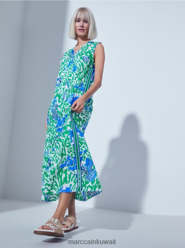 Marc Cain فستان مطبوع مع انتفاضات LVN0D654 ملابس ورقة ريحان مشرقة