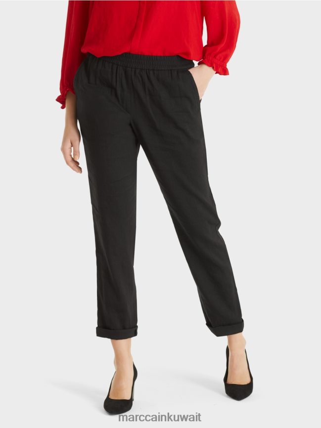 Marc Cain بنطال من الكتان مع حزام خصر للركض LVN0D6609 ملابس أسود