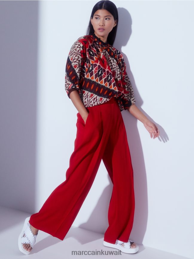 Marc Cain السراويل الكتان مطوي LVN0D6610 ملابس أحمر عميق