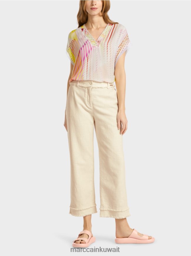 Marc Cain بنطال بأهداب بمظهر الكتان LVN0D6617 ملابس الكتان الناعم