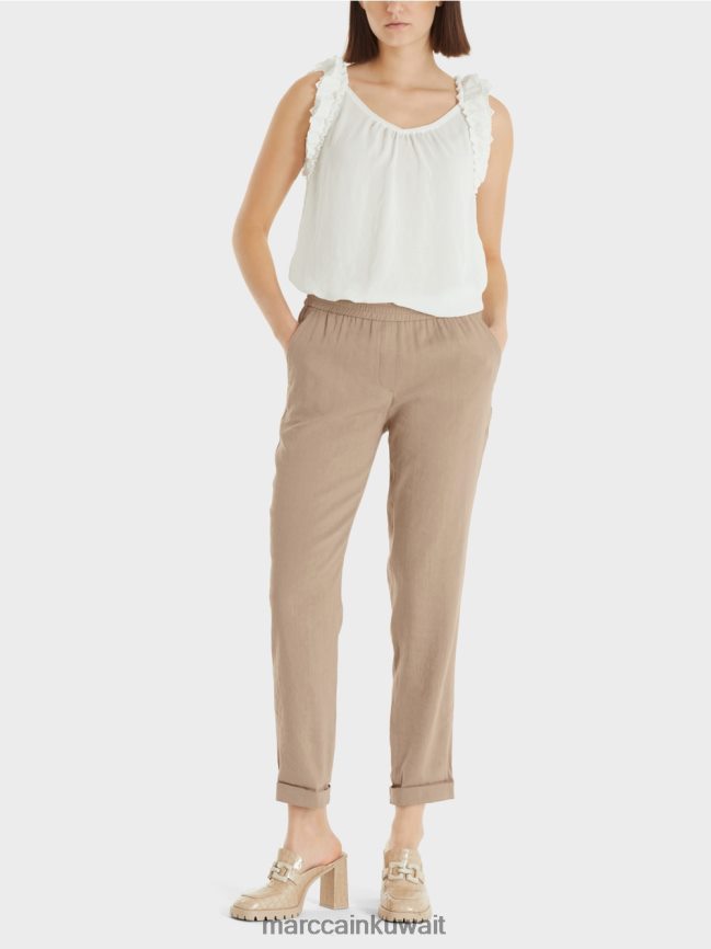 Marc Cain بنطال من الكتان مع حزام خصر للركض LVN0D6642 ملابس الرمال العميقة