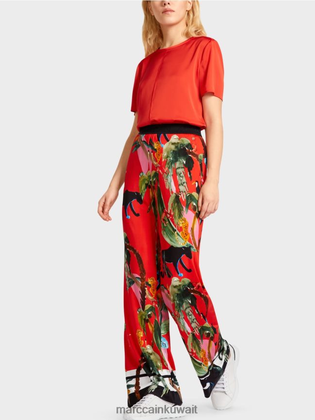 Marc Cain بنطال وارينجتون بطبعة استوائية LVN0D6666 ملابس النار الحمراء
