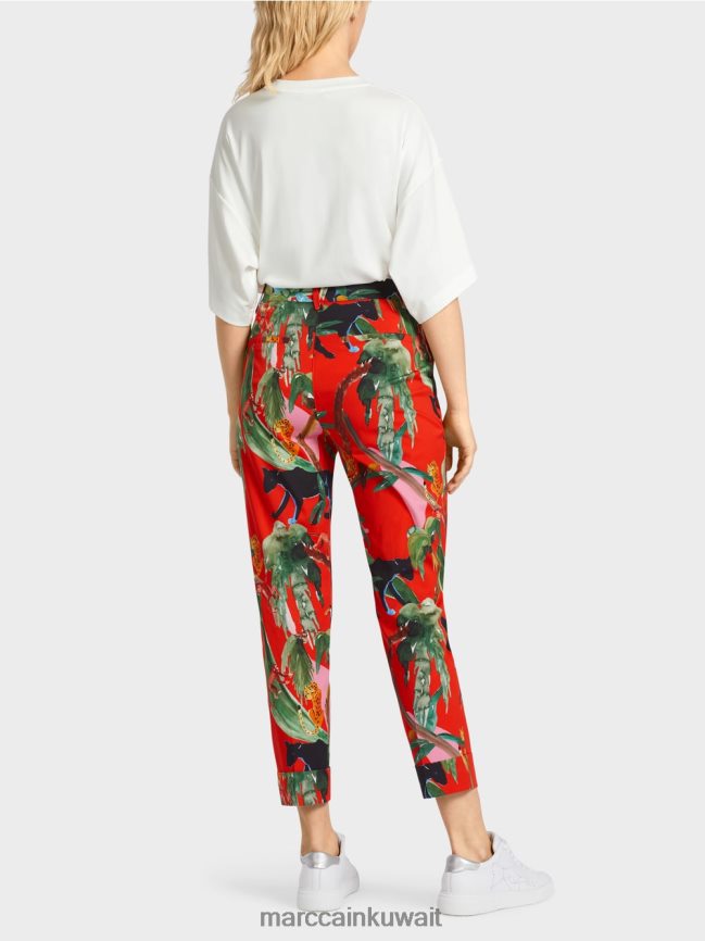 Marc Cain بنطال فرانكا بأساور مع طباعة استوائية LVN0D6675 ملابس النار الحمراء