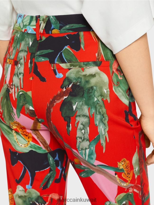 Marc Cain بنطال فرانكا بأساور مع طباعة استوائية LVN0D6675 ملابس النار الحمراء
