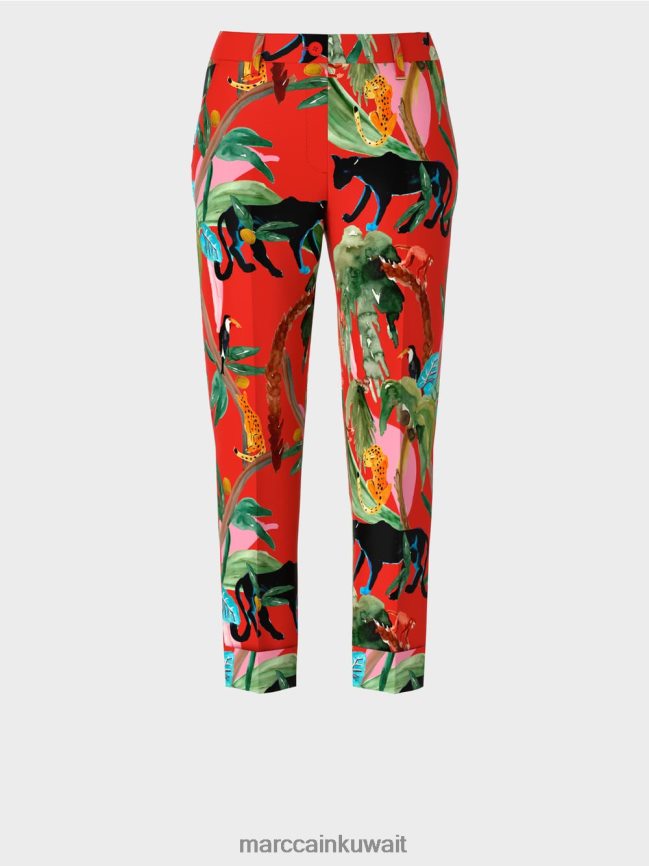 Marc Cain بنطال فرانكا بأساور مع طباعة استوائية LVN0D6675 ملابس النار الحمراء