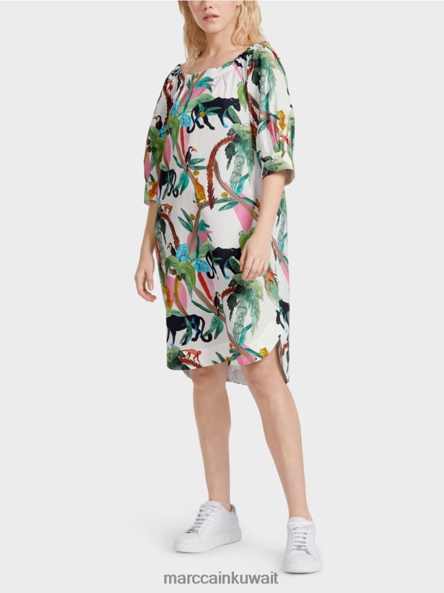Marc Cain فستان كاجوال بطباعة الغابة LVN0D669 ملابس أبيض مصفر