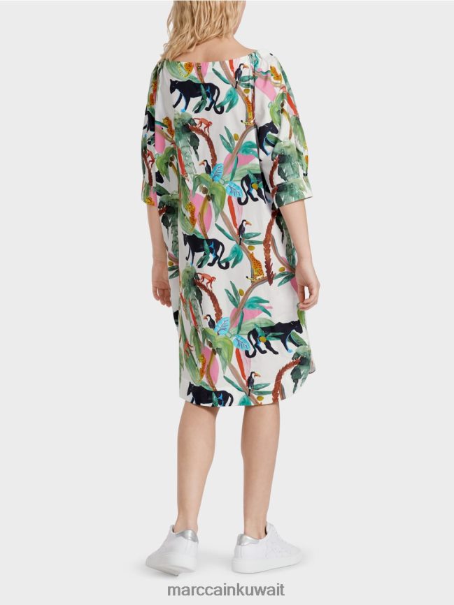 Marc Cain فستان كاجوال بطباعة الغابة LVN0D669 ملابس أبيض مصفر