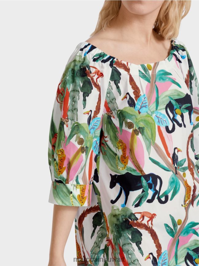 Marc Cain فستان كاجوال بطباعة الغابة LVN0D669 ملابس أبيض مصفر