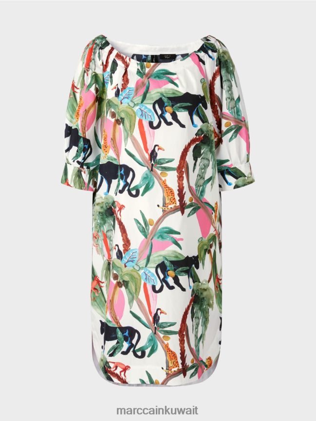 Marc Cain فستان كاجوال بطباعة الغابة LVN0D669 ملابس أبيض مصفر