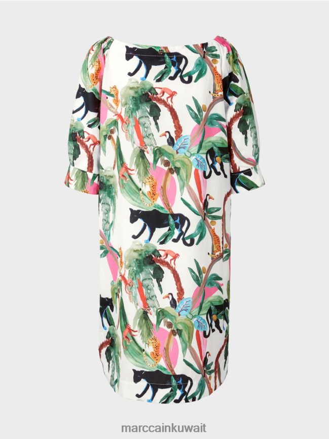 Marc Cain فستان كاجوال بطباعة الغابة LVN0D669 ملابس أبيض مصفر