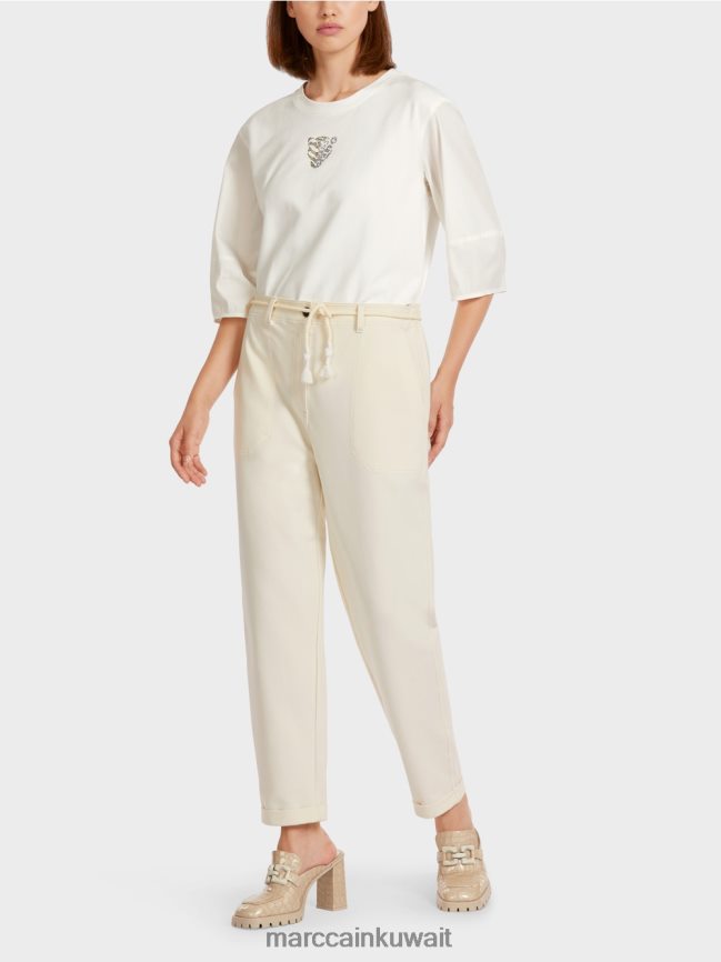 Marc Cain تمتد السراويل القطنية LVN0D6705 ملابس إكرو فاتح