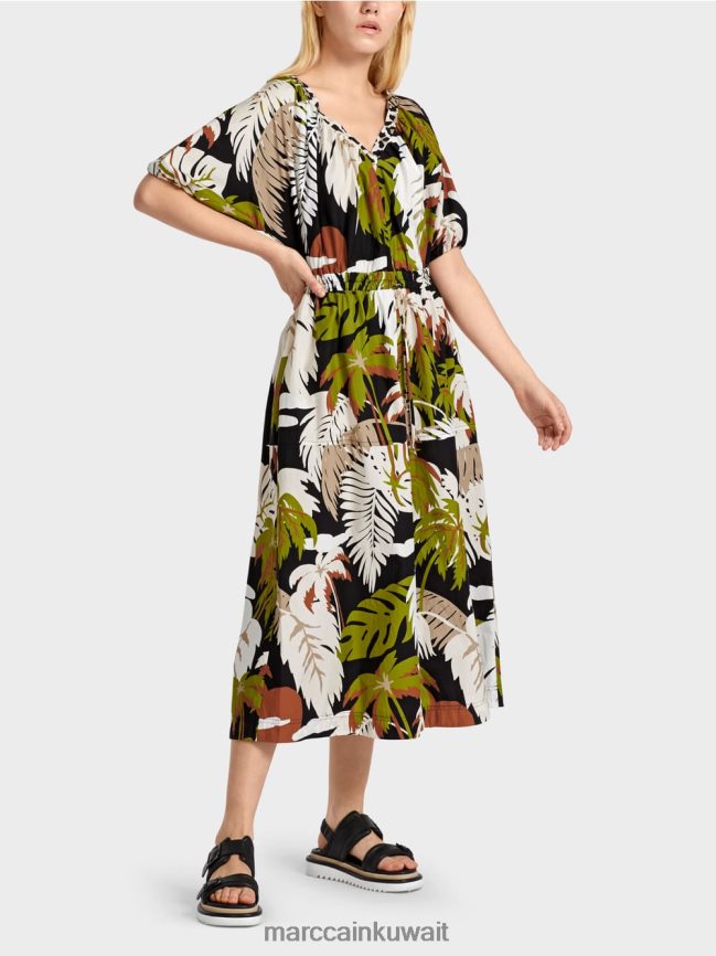 Marc Cain فستان من القطن مع زخارف أوراق الشجر LVN0D685 ملابس زيتوني أخضر عميق