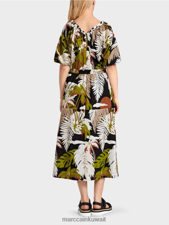 Marc Cain فستان من القطن مع زخارف أوراق الشجر LVN0D685 ملابس زيتوني أخضر عميق