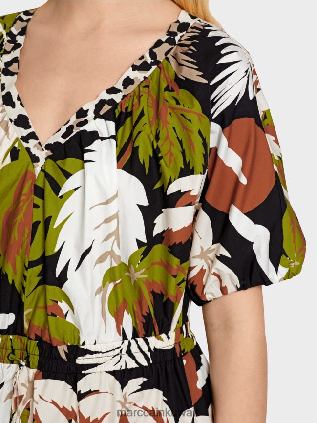 Marc Cain فستان من القطن مع زخارف أوراق الشجر LVN0D685 ملابس زيتوني أخضر عميق