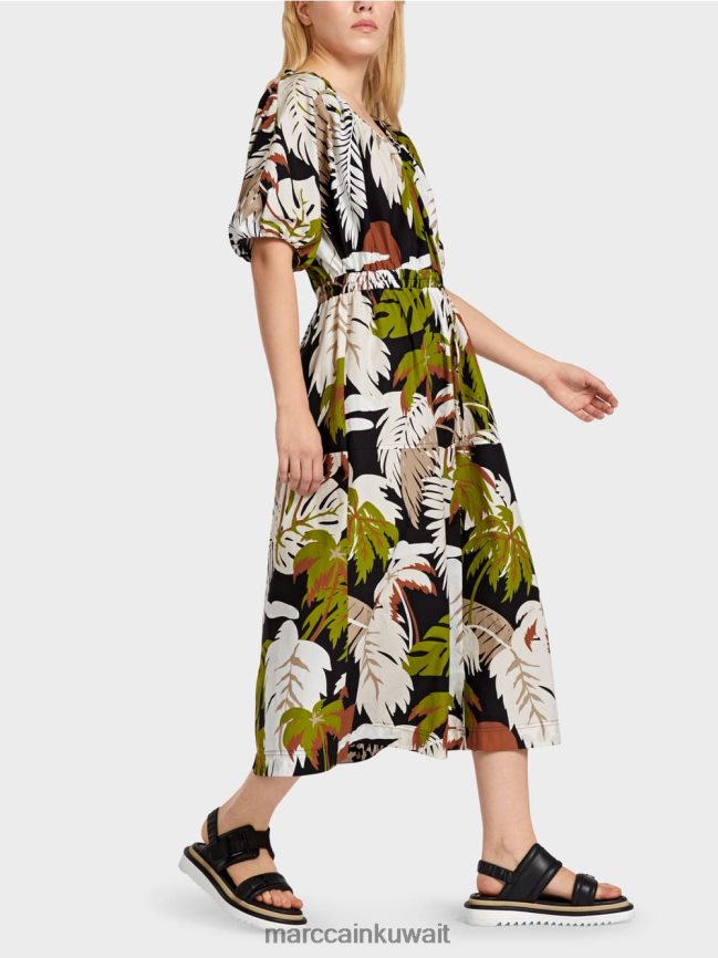 Marc Cain فستان من القطن مع زخارف أوراق الشجر LVN0D685 ملابس زيتوني أخضر عميق