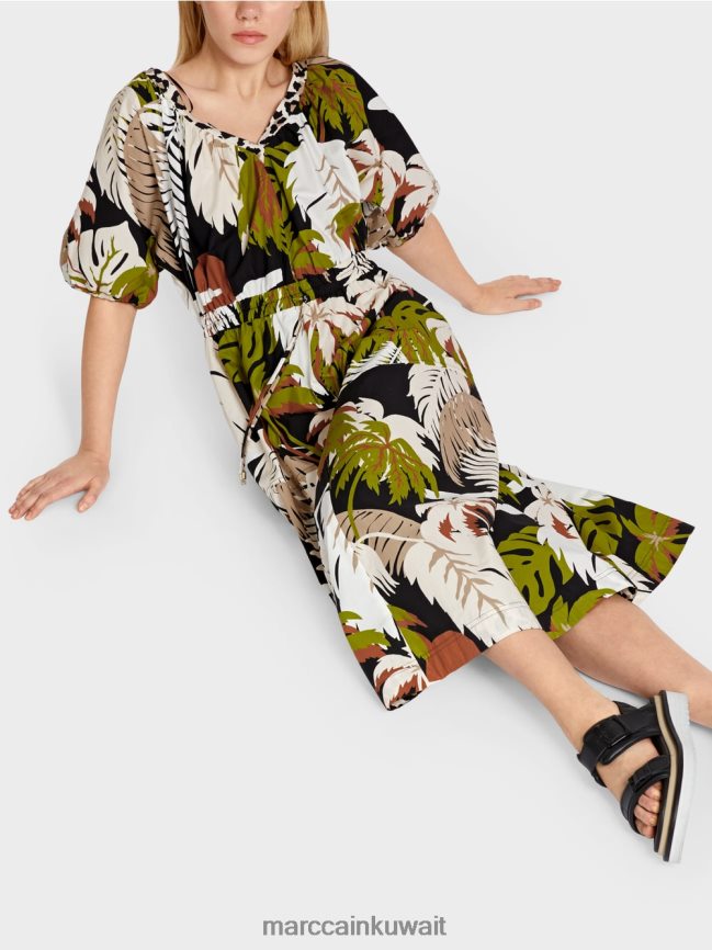 Marc Cain فستان من القطن مع زخارف أوراق الشجر LVN0D685 ملابس زيتوني أخضر عميق