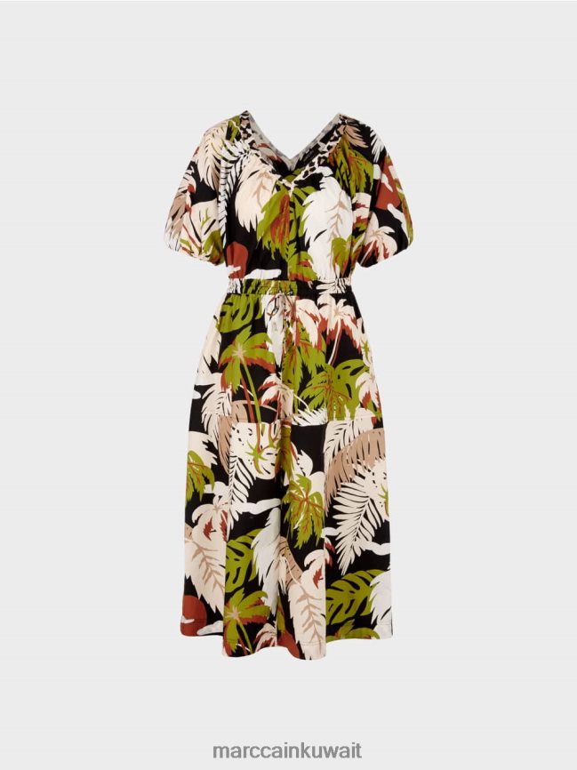 Marc Cain فستان من القطن مع زخارف أوراق الشجر LVN0D685 ملابس زيتوني أخضر عميق