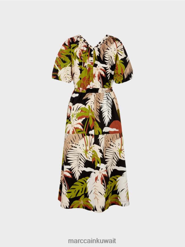 Marc Cain فستان من القطن مع زخارف أوراق الشجر LVN0D685 ملابس زيتوني أخضر عميق
