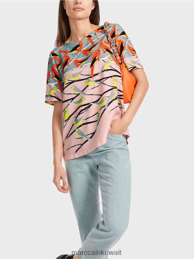 Marc Cain بلوزة صيفية بتصميم طائر LVN0D6886 ملابس السماء الزرقاء الداكنة