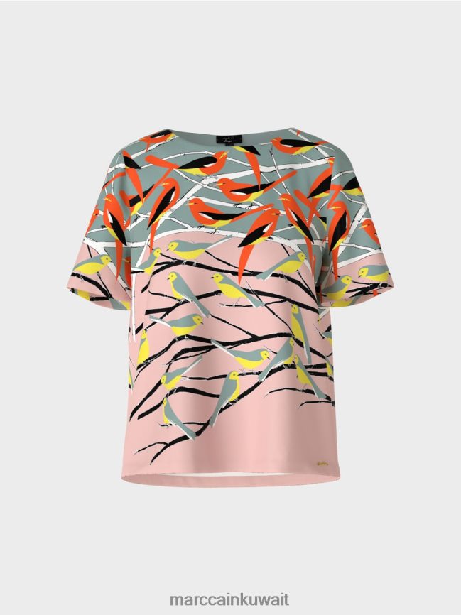 Marc Cain بلوزة صيفية بتصميم طائر LVN0D6886 ملابس السماء الزرقاء الداكنة