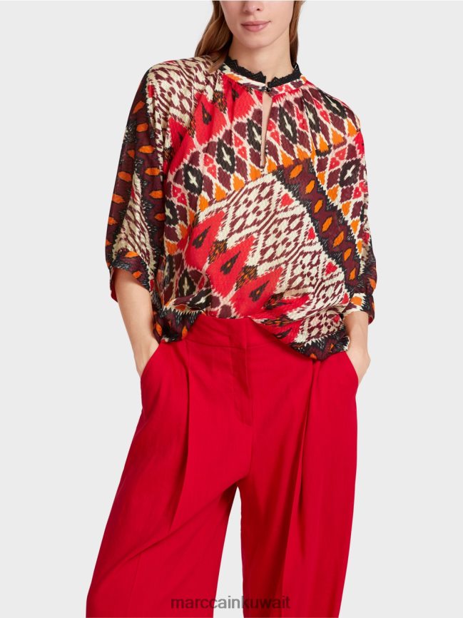 Marc Cain بلوزة كيمونو مطبوعة من الفيسكوز LVN0D6913 ملابس أحمر عميق