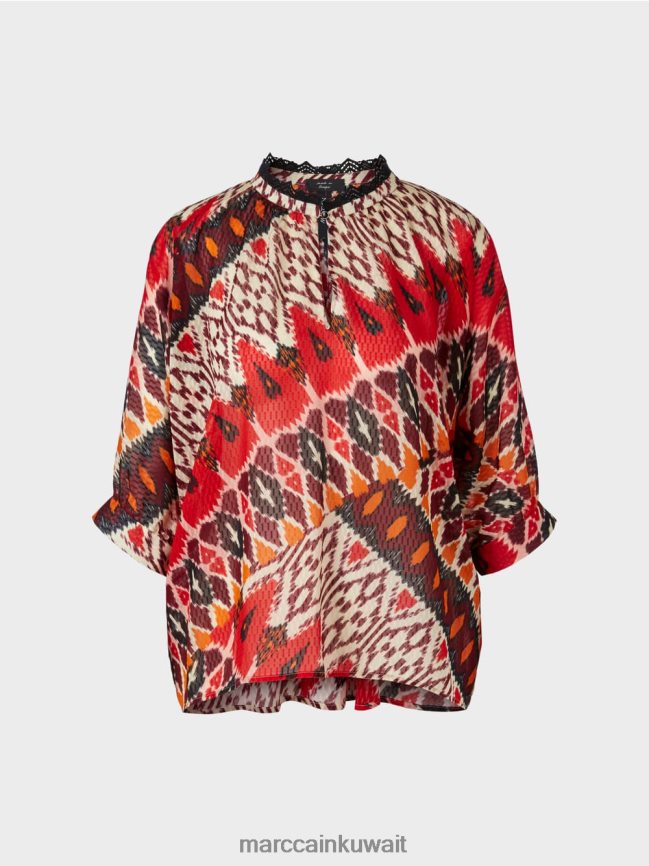 Marc Cain بلوزة كيمونو مطبوعة من الفيسكوز LVN0D6913 ملابس أحمر عميق