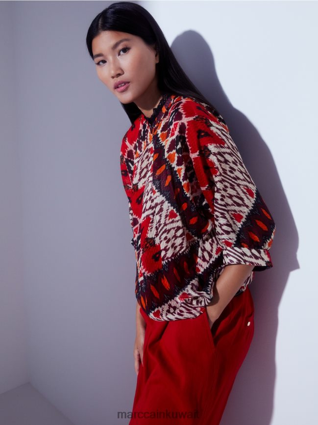 Marc Cain بلوزة كيمونو مطبوعة من الفيسكوز LVN0D6913 ملابس أحمر عميق