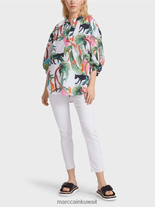 Marc Cain بلوزة قطن بتصميم حيواني LVN0D6927 ملابس أبيض مصفر