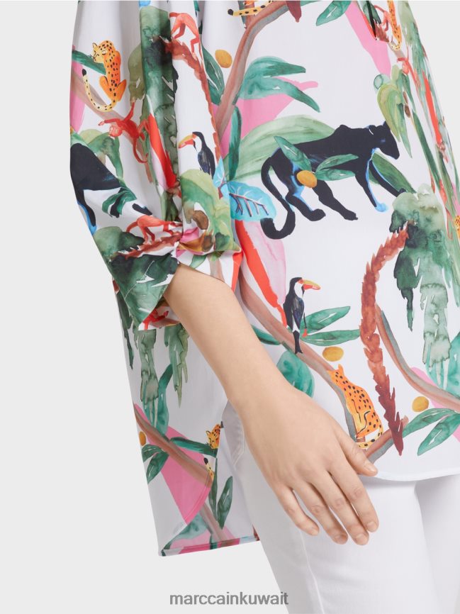 Marc Cain بلوزة قطن بتصميم حيواني LVN0D6927 ملابس أبيض مصفر