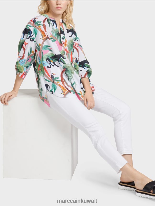 Marc Cain بلوزة قطن بتصميم حيواني LVN0D6927 ملابس أبيض مصفر