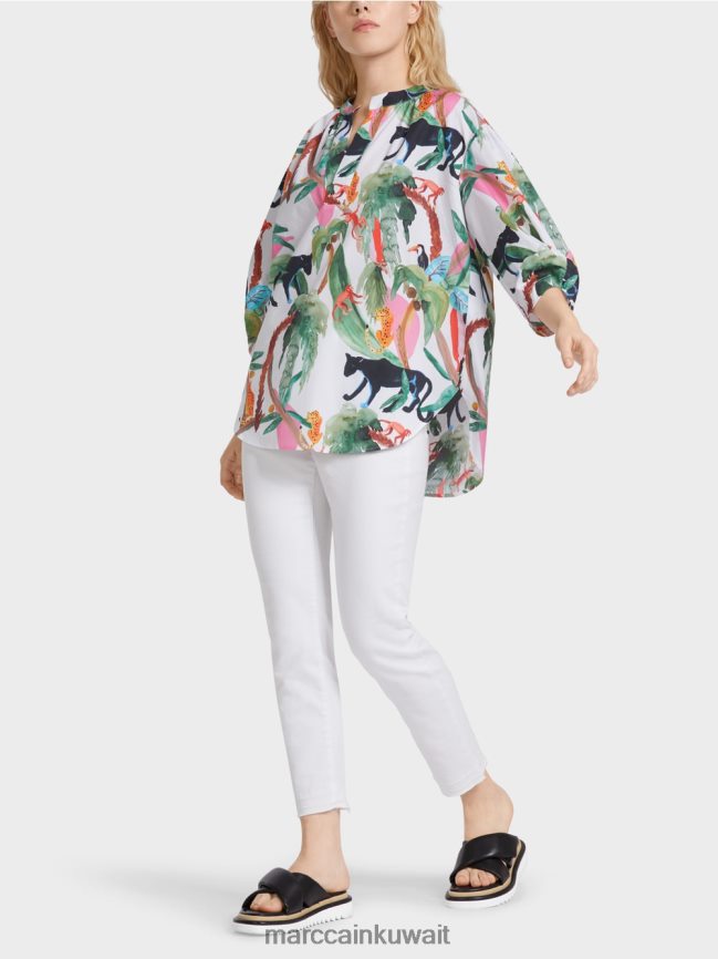 Marc Cain بلوزة قطن بتصميم حيواني LVN0D6927 ملابس أبيض مصفر