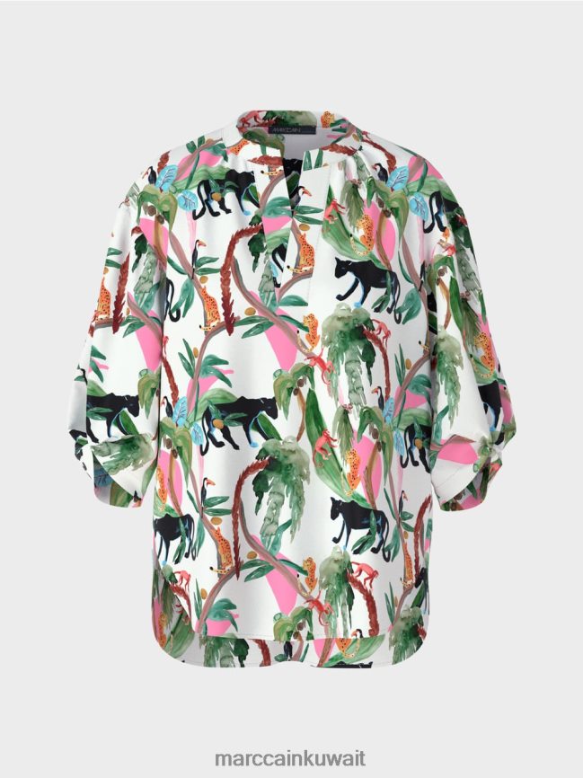 Marc Cain بلوزة قطن بتصميم حيواني LVN0D6927 ملابس أبيض مصفر