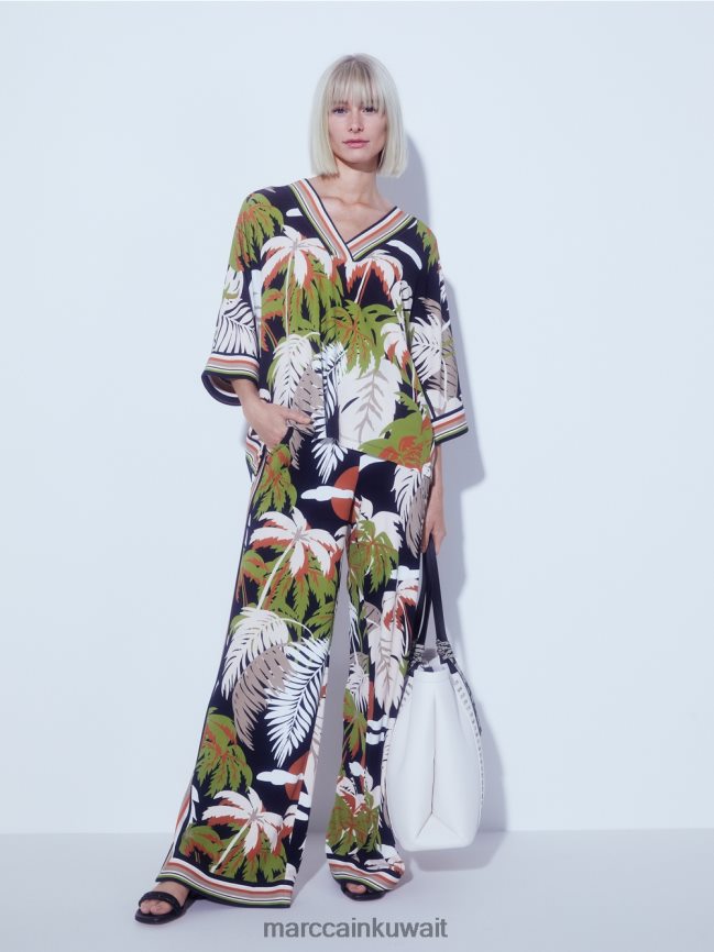 Marc Cain بلوزة فيسكوز بأكمام كيمونو LVN0D6947 ملابس زيتوني أخضر عميق