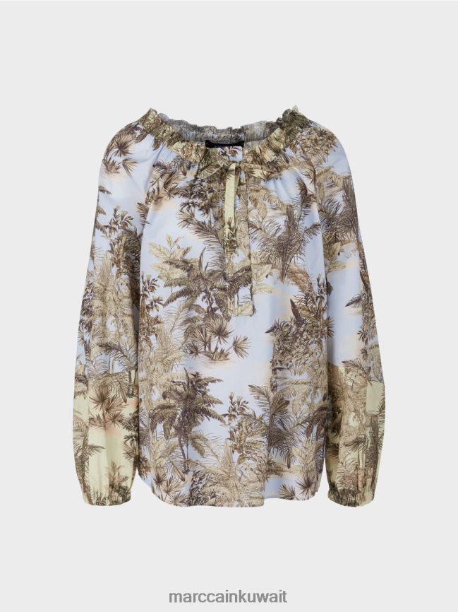 Marc Cain بلوزة ريجلان مع زخارف النخيل LVN0D6963 ملابس مسحوق أزرق فاتح