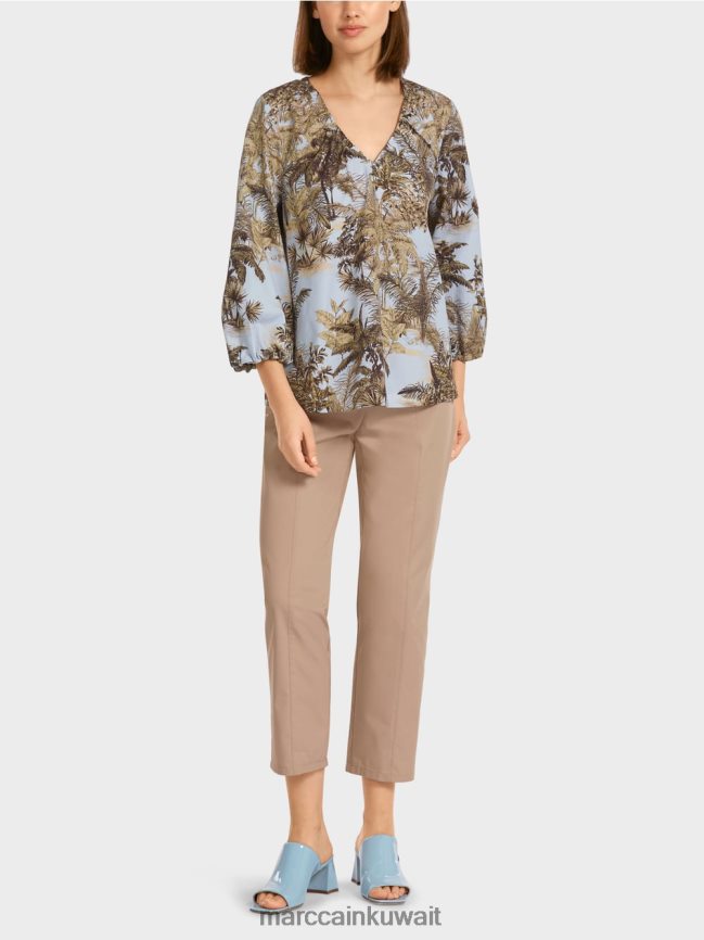 Marc Cain بلوزة على شكل بلوزة مع نقش نخيل LVN0D6965 ملابس مسحوق أزرق فاتح