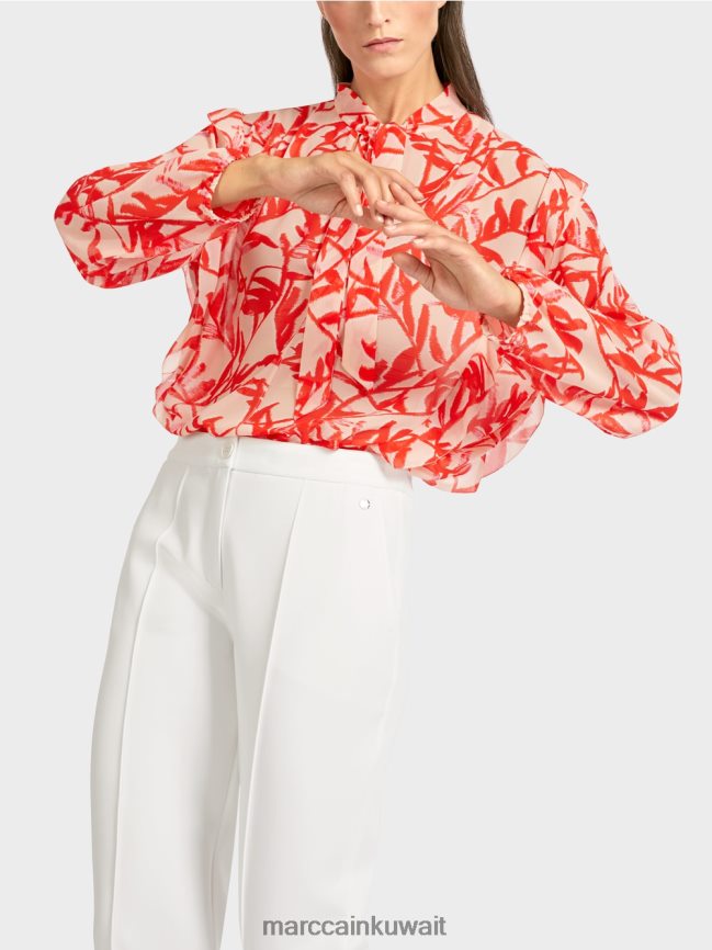 Marc Cain بلوزة مكشكشة بطبعات زهور LVN0D6973 ملابس تان مشرق