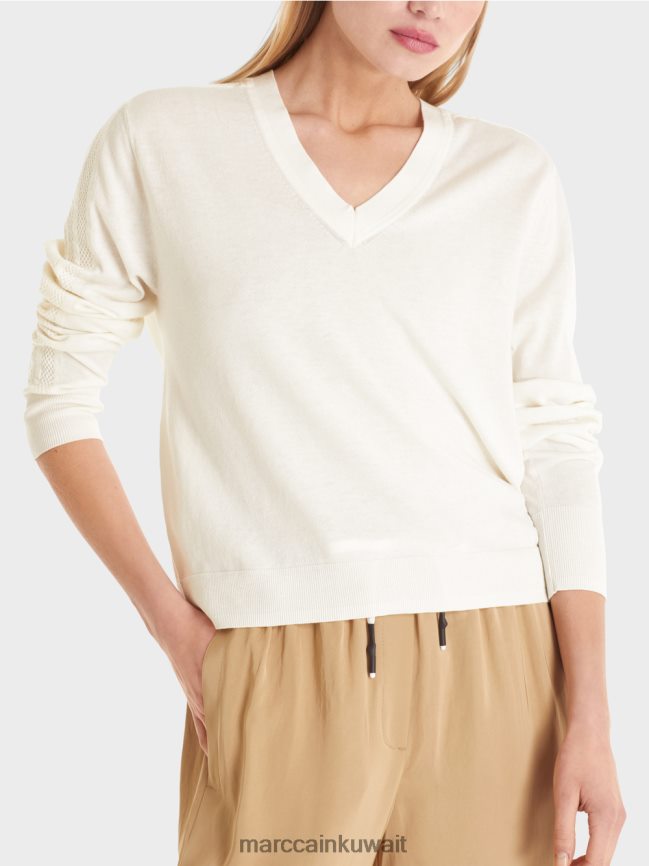Marc Cain سترة أنيقة متماسكة على شكل حرف V LVN0D61154 ملابس أبيض مصفر