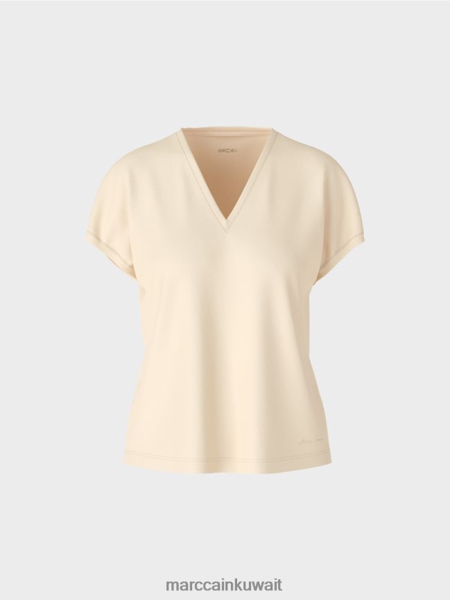 Marc Cain تي شيرت عادي بياقة على شكل حرف V LVN0D61374 ملابس كريمة